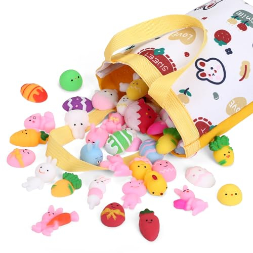 GWHOLE 50 Stück Squishy Kawaii Set Oster Mini Mochi Squishy Ostern Squeeze Stressabbau Squishies Toy Mochi Squishy Anti Stress Tiere Squishies Spielzeug in Verschiedenen Motiven mit Tasche