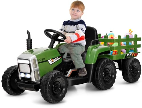 GOPLUS 12V Kinder Elektrischer Traktor mit Anhänger, 3-Gang Elektrofahrzeug mit Fernbedienung, Elektroauto mit LED-Licht & Musik & Bluetooth, 30 kg Belastbarkeit, ab 3 Jahre (Grün)