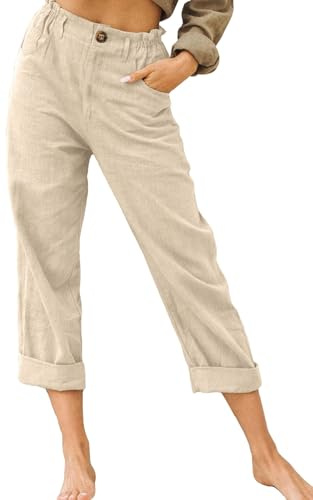 Yutdeng pantalón Casual Mujer Verano Ligero Elástico con Bolsillos Pantalones de Playa Algodón Suelto, Beige, 3/4