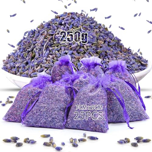 Mbsomnus Lavendel Getrocknet 250 g Lavendelblüten Getrocknet 100% Natürlicher Getrockneter Lavendel Duftsäckchen mit 25 Stück Leerer Lavendelsäckchen für Kerze Machen Potpourri Hochzeit Kleiderschrank