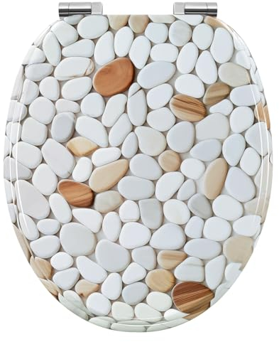 WOLTU Toilettendeckel mit Absenkautomatik, WC Sitz O Form, Klodeckel mit Kieselstein-Motiv, Klobrille Toilettenbrille WC Deckel, einfache Montage von unten, bis 175 kg belastbar, aus MDF,