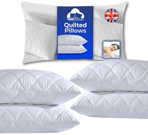 PURE TEXTILES Quilted Pillows 4 Pack Hotel Quality Firm Pillow - Down Alternative, Bed Pillow for Back and Side Sleepers, Anti Allergy Pillow, Luxury Pillows for Bed - 74cm x 48cm