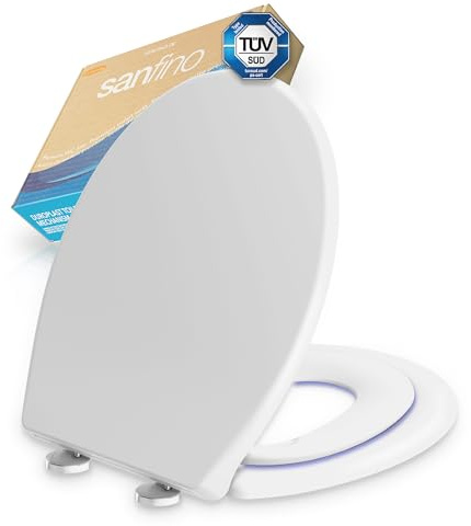 SANFINO® Premium toalettlock med barnstol – TÜV-certifierad toalettsits för barn – familjetoalettsits med automatisk sänkning vit – toalettlock med snabbförslutning – antibakteriell och färgfast