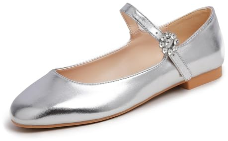 Feversole Women's Square Mary Jane Fashion，Dames élégantes Chaussures décontractées Ballet Plat Bout carré Confortable Marche Quotidienne Mary Jane quadrata Argent 37 EU