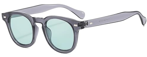 Long Keeper Gafas de Sol Redondas Vintage para Hombre Mujer Clásicas Retro Gafas Redondas Pequeñas Vintage Unisex Lente UV400 Protección, 44mm (Montura Gris Transparente - Lente Verde)