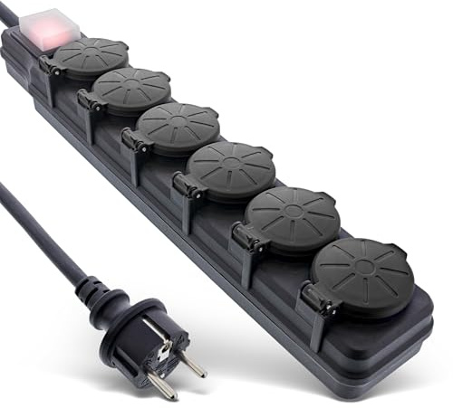Inline 6-Fach Steckdosenleiste, Außensteckdose, Outdoor, Mehrfachsteckdose, Steckerleiste, IP44, mit beleuchtetem EIN/Aus Schalter, erhöhter Berührungsschutz, Länge: 5m, 16496P