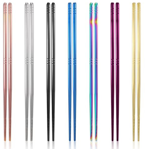 Gjinxi 7 paia di bacchette in metallo, bacchette in acciaio inox, riutilizzabili antiscivolo, lavabili in lavastoviglie, bacchette giapponesi cinesi