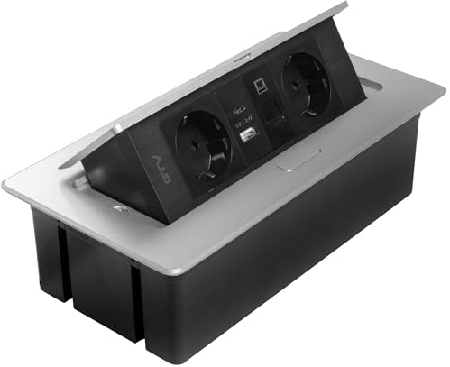 GTV – Inbyggt uttag MULTISOFT aluminium med 2 x Schuko, USB A+C, RJ45, HDMI 2.0, lock, infällbar, 1,5 m kabel, för skrivbord, konferensbord, kök eller hemmakontor