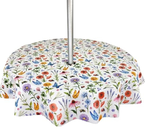 Karina Home Wipe Clean PVC Garden Outdoor Tablecloth Cover with Parasol Umbrella Hole Wildflower Meadow Round (Round 150cm)