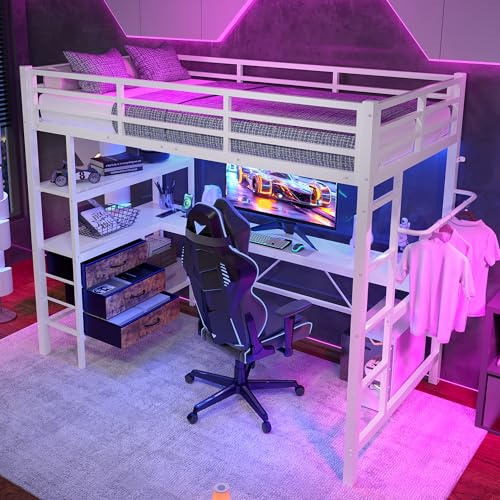 Lcoho Cama alta (90 x 200 cm), con luces LED, escritorio, enchufe + USB, 3 cajones, estanterías, barandillas, escaleras, sin colchón, color blanco