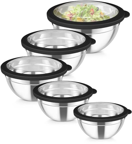 Homikit Rührschüssel 5er Set, Edelstahl Schüssel mit Transparenter Luftdichtem Deckel, Salatschüssel Schüsselset zum Servieren Kochen, 4,6L/2,8L/1,6L/1,2L/0,7L, Stapelbar, Spülmaschinenfest, Schwarz