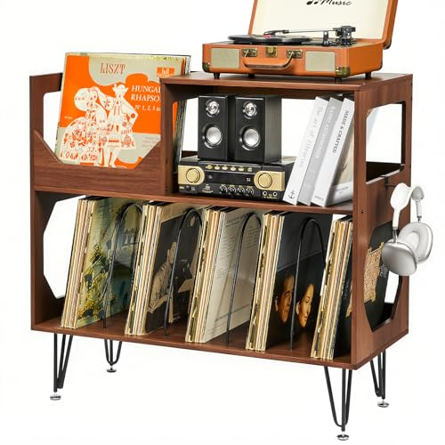 ikkle Large Rustic Record Player Stand, 2 Tier Record Player Table with Vinyl Record Storage, Vinyl Storage Cabinet with Metal Legs, Turntable Stand for Living Room, Bedroom, Holds 370 Albums, Walnut