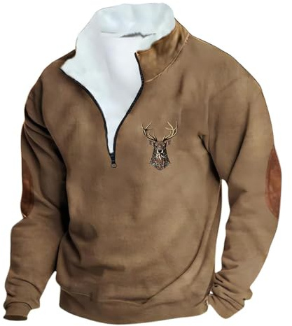 Generisch Pull de chasse pour homme à manches longues avec boutonnière 1/4 - Imprimé cerf - Col montant - Coupe ample - Hiver - Pull de travail chaud, O Kaki, L