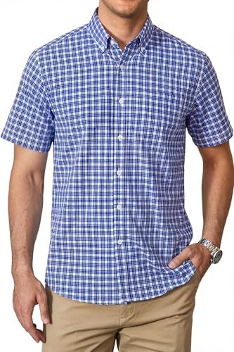 HISDERN Chemise Homme Carreaux Manches Courtes Boutonnées Décontractées Travail Chemises été Hommes avec Poches Coupe Régulière Bleu XL