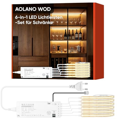 AOLANO WOD Under Cabinet Lighting Kit, COB LED Strip 1m 6 Rolls,Warm White Dimmable Touch Switch trimable, Suitable for Display cabinets, Wine cabinets, Bookshelves, Kitchens, showcases