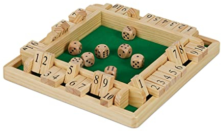 Relaxdays Shut The Box 10er, Reisespiel für 2 bis 4 Spieler, Spielbrett mit 8 Würfeln, Klappenspiel, Holz, natur/grün