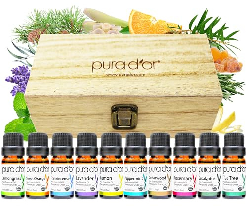 PURA D'OR Organic Perfect10 Essential Oils Set - 10x 10mL Wood Box Aromatherapy Gift Set - 100% Pure Therapeutic Grade for Relaxation and Wellness (Lavender, Peppermint, Eucalyptus, Tea Tree & More)