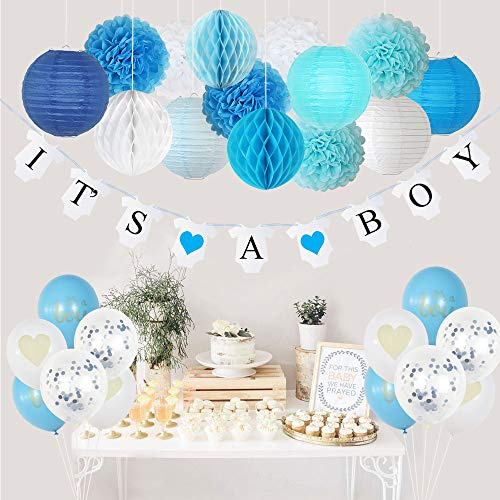 Baby Shower Decoration for Boy With It's A Boy Banner, Paper Lanterns, Honeycomb Balls, Paper Tissue Pom Poms, Confetti Balloons, Heart Balloons | Baby Blue | Royal Blue | Mint | White | Baby Shower Decorations Set