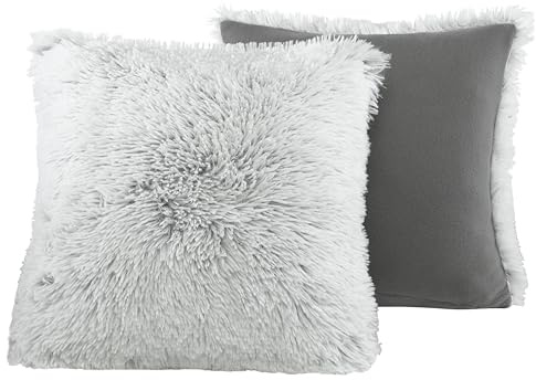 BaSaTex Winter Plüsch Coral Fleece Flokati Langhaar Felloptik Deko Kissenbezüge Kissenhüllen | 2er Pack 40x40 cm | Sofakissen Couchkissen Zierkissenbezug | Reißverschluss | Anthrazit
