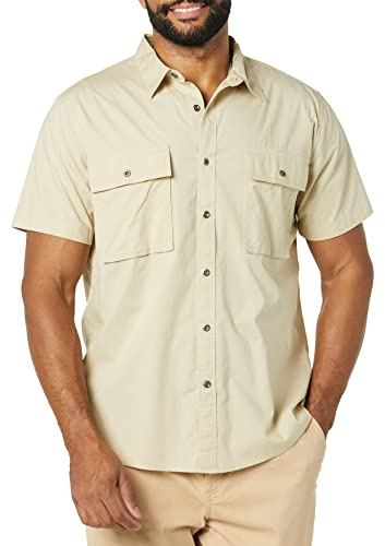 Amazon Essentials Chemise Utilitaire à Manches Courtes avec Deux Poches, Coupe ajustée Homme, Brun Kaki Clair, L