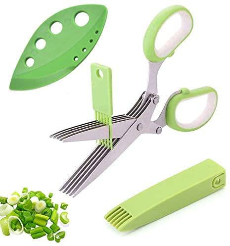 DRERIO Tijeras Cocina de Hierba Acero inoxidable de tres piezas, tijeras para cortar hierbas multiusos de 5 hojas, cubierta con peine de limpieza, tijeras de cocina multifunción para cortar(verde)