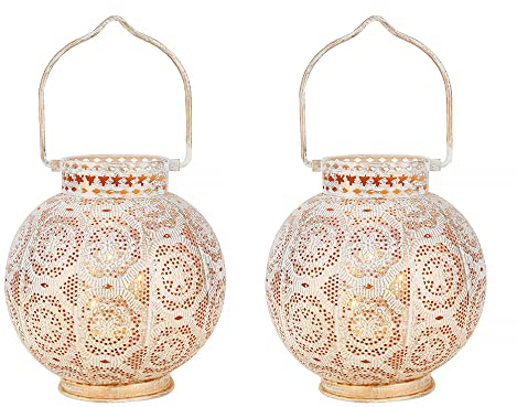 TRIROCKS Set von 2 Marokkanischen Stil Metall Tischlampe 18cm H Batteriebetriebene Kabellose Lampe mit LED-Lichterkette Birne Aussenlampe für Wohnzimmer Garten Yard Tischplatte Drinnen Draußen (Weiß)