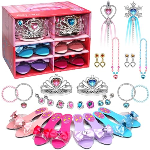 Princess Dress Up Shoes - Toddler Play Heels Shoes & Pretend Jewelry Accessories Sets, Role Play Girls Toys with Princess Crown Wand Necklace Ring Bracelet for Little Girls Aged 3,4,5,6 Birthday Gifts
