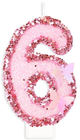 Velas Números 6 Cumpleaños, Mariposa Velas de Cumpleaños, Rosa Lentejuelas Decoración para Tartas Numeros Velas para Cumpleaños Boda Aniversario Graduación Fiesta