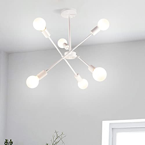 iDEGU Lampadario Soggiorno Moderno, 6 Luci Lampada da Soffitto Regolabile Plafoniera LED Vintage Illuminazione E27 Lampada a Sospensione Industriale per Camera da letto Sala da Pranzo Cucina (Bianco)