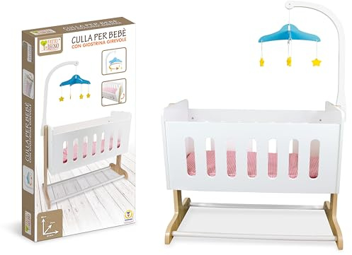 Teorema Giocattoli, Culla per Bambole, Lettino Giocattolo in Legno a Dondolo con Giostrina Girevole, Culla Bambini Giocattolo per Bambolotti e Giochi di Ruolo