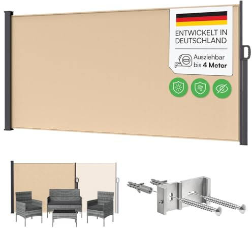 STEELSØN Zirella Seitenmarkise 200x400cm – Windschutz ausziehbar Beige – wetterfeste Markise – Sichtschutz Garten – Seitenrollo mit Wandhalterung – Sonnenschutz Blickdicht – Wandmarkise aus Aluminium