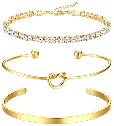 Dochais 14K Vergoldet Armband Set für Damen, 3 Stück Goldene Silber Tennis Armreifen, Verstellbar Schmuck Bangles Armbänder, Damen CZ Armkette Modeschmuck, Ideal für Frauen und Mädchen