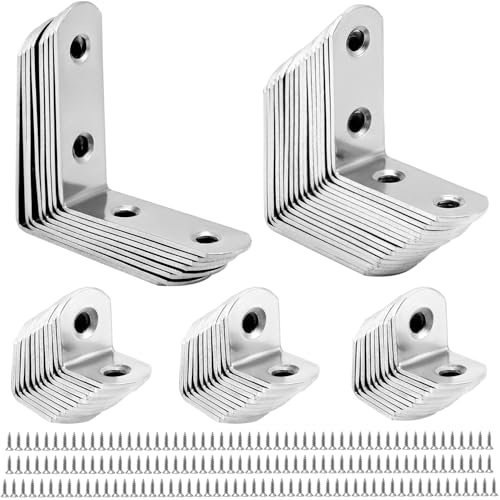 QWORK®Équerre de Fixation , 56 pièces de 90 degrés équerres d'angle, acier inoxydable, 16x20mm, 16x40mm, 16x50mm, supports en forme de L pour la fixation de meubles