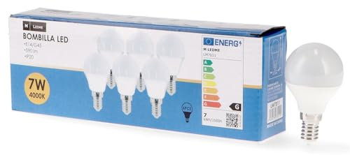 M Ledme - Pack 6, Bombilla Led E14 G45 7W, Luz neutra (4000k), casquillo E14, 630 Lumen, IP20, Apertura del Haz de Luz 200°, Eficiencia energética y Bajo Consumo. LM7607