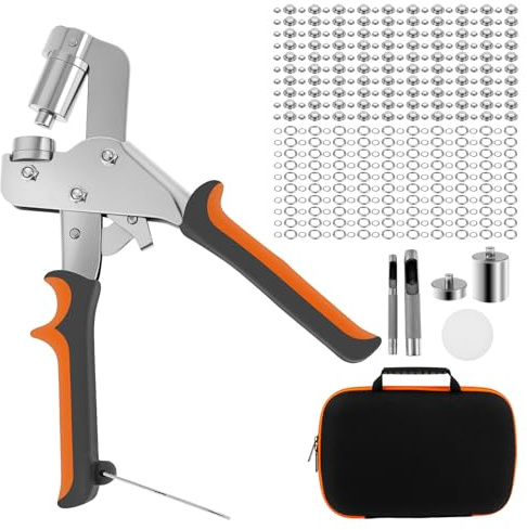 Deuson Juego de alicates para ojales, acero endurecido con 200 ojales inoxidables (100 piezas de 6 mm de diámetro y 100 unidades de 10 mm de diámetro), alicates intercambiables para pancartas de PVC