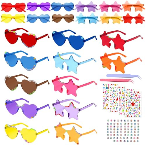 ComPDCVD 12 Pares Gafas de Fiesta Gafas de Sol Corazón Hippy Gafa de Sol de Estrellas Multicolor Talla Única Gafa de Disfraz Divertidas para Navidad Cumpleaños Fiesta de Carnaval y Cosplay