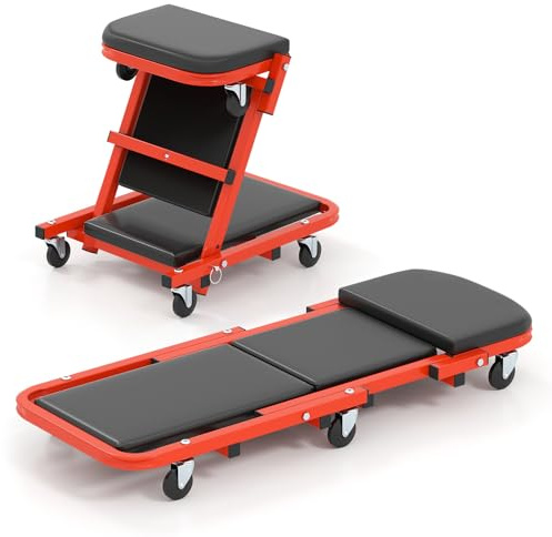 COSTWAY Chariot de Visite Pliable, Tabouret d'Atelier Convertible avec Siège Rembourré 6 roulettes, Planche de Travail Mécanicien pour Garage Réparation Automobile Entretien, Charge 160 kg (Noir)