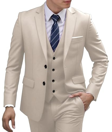 Traje de Padrino de Boda Corte Entallado para Hombre, 2 Piezas, Solapa con Muesca, Chaqueta, Chaleco, Pantalones, Trajes Boda, graduación, Formal, Cena Negocios, Esmoquin Beige pequeño