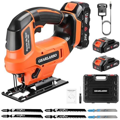 21V Cordless Jigsaw with 2x2000mAh Batteries, 2800RPM Electric Jig Saw with 45° Bevel Cutting, 4 Orbital Modes, LED Light & Over-Heating Protection, 6 Blades for Wood, Metal, Plastic DIY Cutting