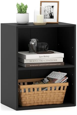 COSTWAY Libreria a 2 Ripiani Aperti, Libreria da Terra con Ripiano Regolabile a 5 Posizioni, Espositore con Tappetini Antiscivolo per Libri Riviste e Dischi, 42x29,5x53,5 cm (Nero)