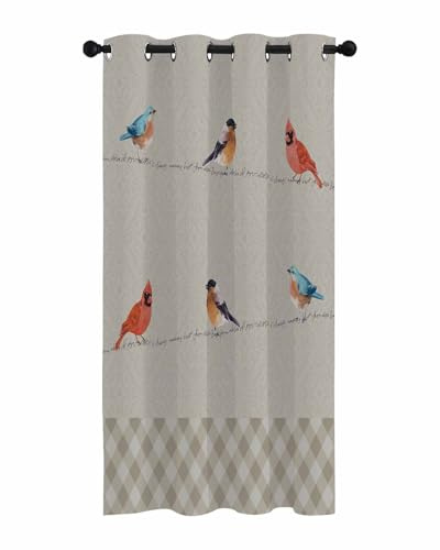 Brown Patches Blackout Curtain 36 inch Length for Living Room Bedroom, Retro Winter Bird Patterned Room Darkening Window Drapes Grommet Thermal Insulated Curtain Panel for Home Sliding Door Decor