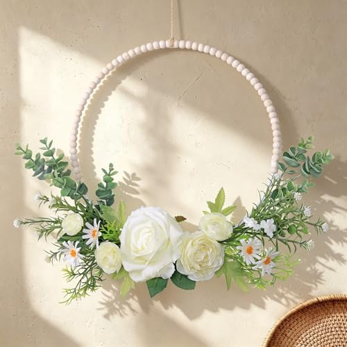 Weldomcor Dörrkrans, 43 cm, sommar, rosor, eukalyptus, träpärlor, krans, dörrkrans, året runt, metallring, ytterdörr, dekoration, fönsterdekoration, hängande blomkrans för inomhusvägg