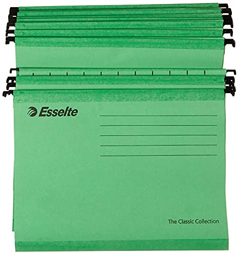 Esselte 90318 - Carpeta Colgante Classic A4 De Cartón Kraft 100% Reciclado, Refuerzo Inferior 10x Más Resistente, Visores Transparentes Con Etiquetas, Color Verde, Caja De 25