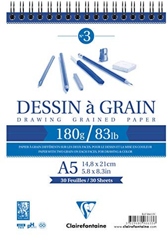 Clairefontaine 96633C Zeichenblock (30 Blatt, 180 g, 14,8 x 21 cm, ideal für Kunstunterricht, Doppelspiralbindung) weiß