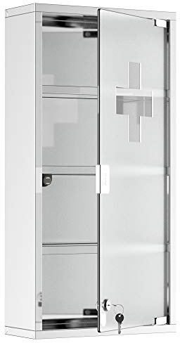 HOMCOM Armoire à Pharmacie 3 étagères 4 Niveaux 30L x 12l x 60H cm Porte Verre trempé Symbole Croix Acier Inoxydable brossé