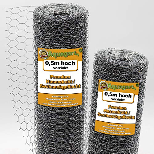 Aquagart Maschendrahtzaun 120 m Sechseckgeflecht verzinkt I Hühnerzaun Kaninchendraht Hasengitter feinmaschig 13 x 13 mm I 6-Eck Drahtgeflecht 0,7 mm I 50 cm hohe Hasendraht