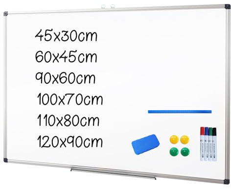 XIWODE Magnetic Dry Erase Board, Wall Mounted Whiteboard, 90 x 60cm, Lightweight White Board, Erase Board Silver Aluminium Framed with Lacquered Steel Surface
