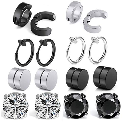Set di 8 paia di orecchini in acciaio inox non perforati, colore nero, argento, orecchini magnetici, orecchini da uomo e da donna, non penetranti, a forma di croce, Acciaio inossidabile