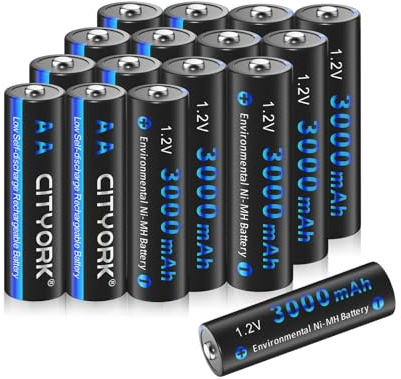 CITYORK 16 Pack AA 3000mAh Rechargeable Battery, 1.2V NIMH Pre-Charged AA Rechargeable Battery, High Capacity 3000mAh Long Lasting for Solar Lights, Remote Controller, Electric Toys