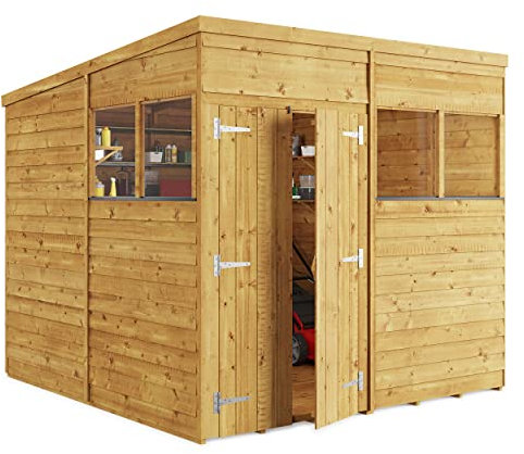 BillyOh 8x8 Switch Pent Log Cabin Wooden Garden Shed | 28x28 Framing Garden Storage Shed with Customizable Doors & Windows, Overlap Cladded Walls, Green Mineral Roof Felt | Versatile Outdoor Storage